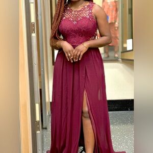 Burgundy Sequin Lace Dress W/ Slit